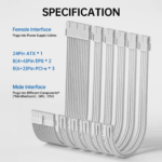AsiaHorse Power Supply Sleeved Cable, 18AWG PSU Extension Cable Kit of White Connector, 1x24Pin/2x4+4 EPS/3x6+2 PCI-E, 30cm Length with Comb - Image 2