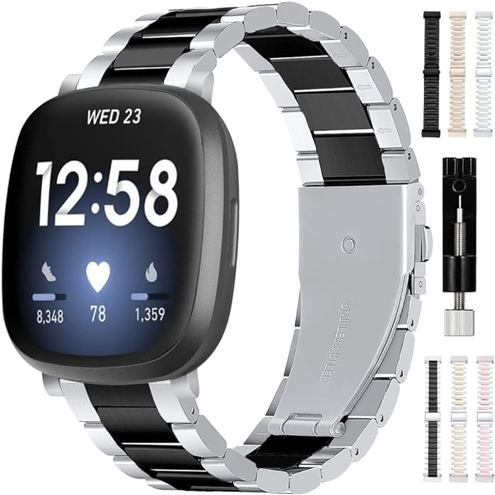 61VfuJ68zSL._AC_SY695_ Intoval Band for Fitbit Versa 4 / Fitbit Versa 3 / Fitbit Sense 2 / Fitbit Sense for Women Men Classic Stainless Steel Bands of Premium - Image 1