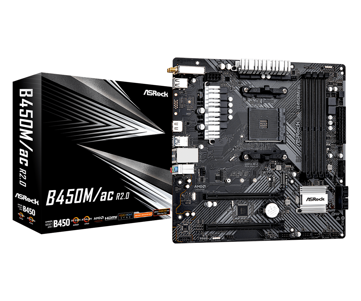 B450Mac R2.0(L1) Asrock B450M/AC R2.0 AM4 Promontory B450 SATA 6Gb/S Micro ATX AMD Motherboard - Image 1