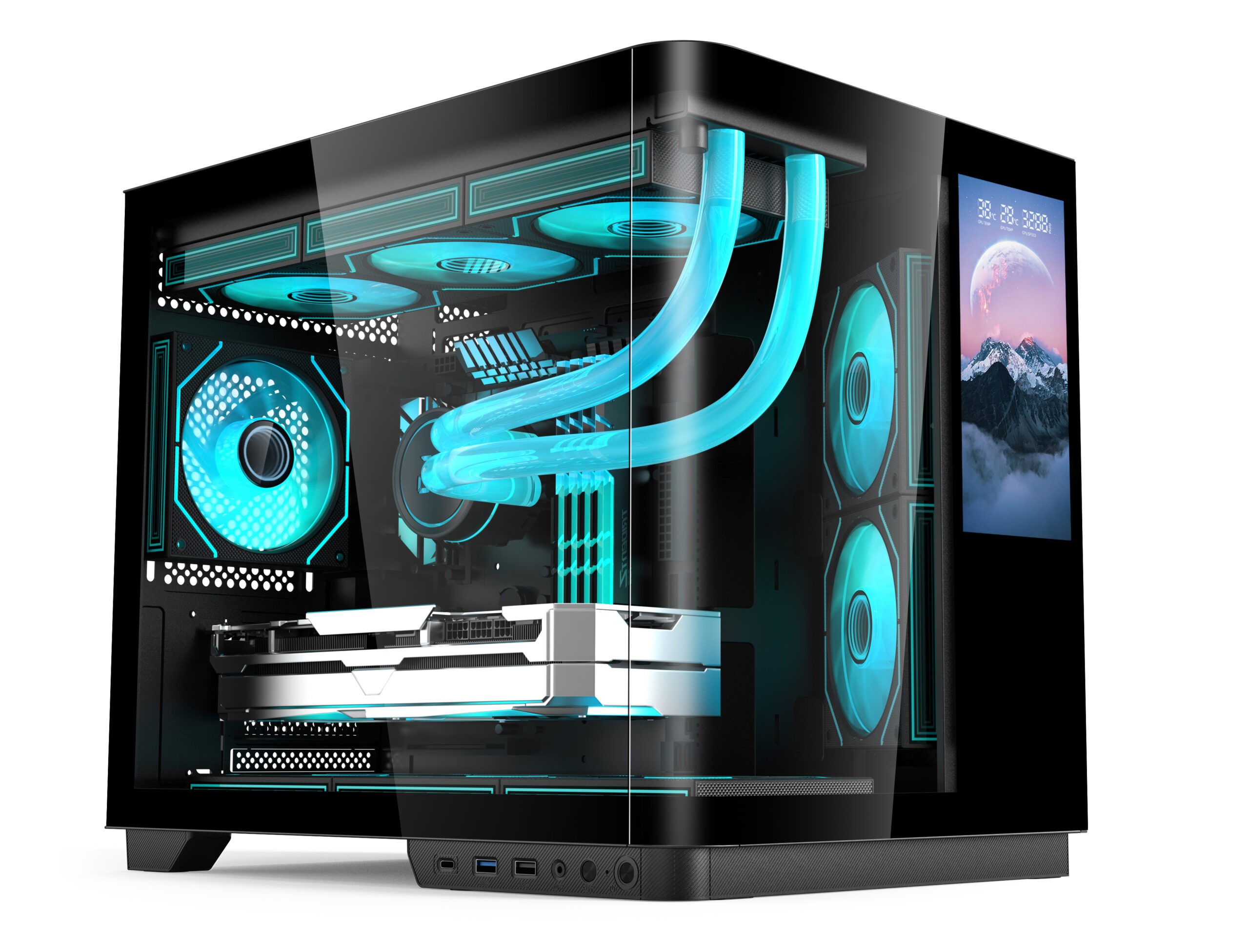 V332R黑主视 SOEYI V332R Curved Tempered Glass 6'' Lcd Display Screen Gaming Pc Case